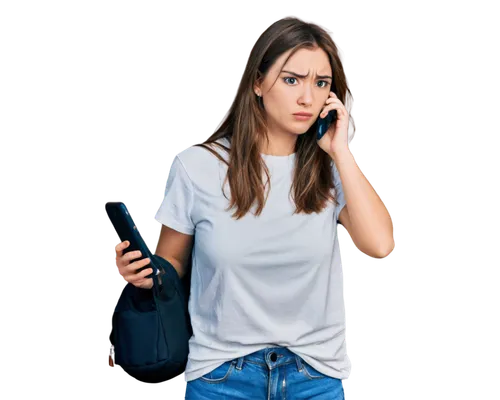 Female, young adult, holding phone, hanging up call, frustrated expression, messy brown hair, minimal makeup, casual wear, white t-shirt, ripped jeans, sneakers, indoor setting, warm lighting, shallow