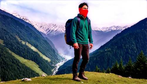 Himalayan mountain range, Manali valley, snow-capped peaks, lush green forests, misty atmosphere, solo figure, young adult male, trekking backpack, hiking boots, casual clothing, smiling face, warm su