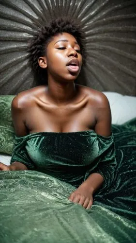 As the sky transforms into a fiery, ebony 20 years old gazes intently onto a luxurious bed adorned with sparkling hazy black velvet. The bed is delicately decorated with delicate ethereal features, in