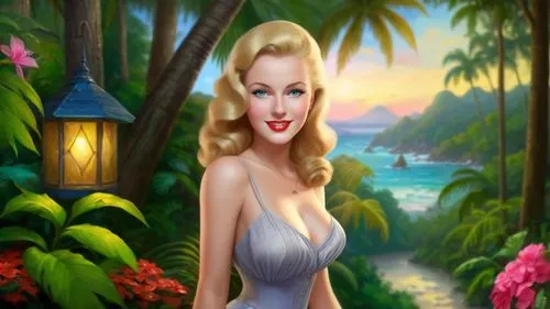 Romantic masterpiece oil painting, cute girl portrait, nostalgic 1950's style kitsch, vibrant rainforest landscape, lush tropical jungle paradise, summer beach vacation seaside cottage scenery, by Tho