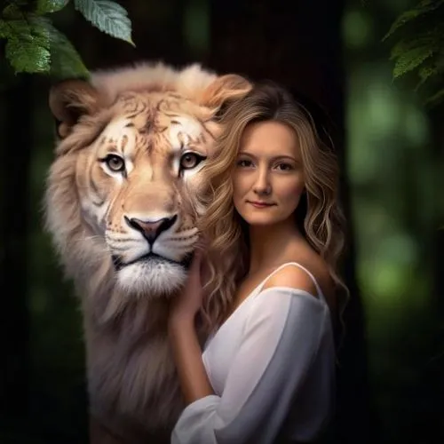 forest,a woman poses with a white tiger in the woods,she feeds the lion,sherira,lion white,photo shoot with a lion cub,lionesses,two lion,leonine,zabu,magan,liger,lionheart,lioness,fauna,tigar,felids,