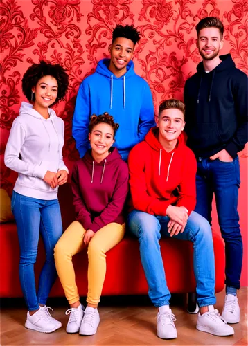 Diverse group, multiple people, different ages, races, genders, smiling faces, casual clothing, jeans, t-shirts, hoodies, sneakers, laptops, smartphones, cameras, notebooks, colorful backgrounds, warm