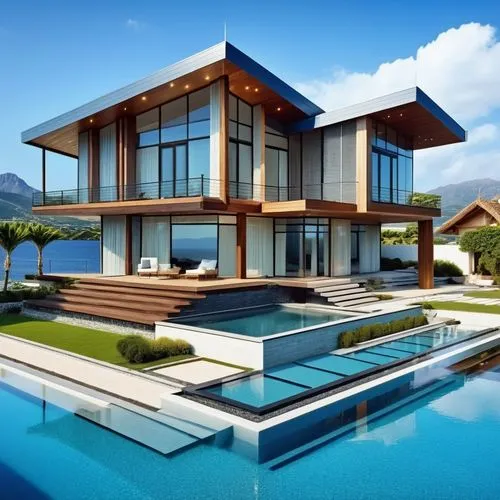 an exotic looking house with its own pool,modern house,pool house,modern architecture,luxury property,dreamhouse,beautiful home,Photography,General,Realistic