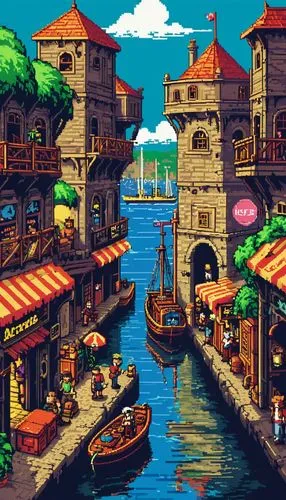 fishing village,harbor,popeye village,pixel art,cartoon video game background,venedig,Unique,Pixel,Pixel 04