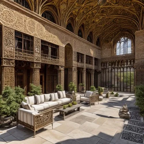 alcazar of seville,hotel de cluny,inside courtyard,certosa di pavia,villa cortine palace,persian architecture,cloister,courtyard,kunsthistorisches museum,umayyad palace,royal interior,patio,boston public library,marble palace,grand master's palace,patio furniture,alcazar,orangery,palace garden,colonnade,Architecture,Villa Residence,Classic,Mudéjar