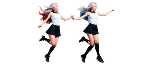 Dynamic anime girl, energetic pose, flowing long silver hair, sparkles in eyes, rosy cheeks, white sleeveless shirt, short pleated skirt, black thigh-high socks, red sneakers, jumping motion, wind blo