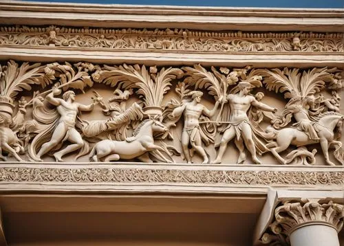 Ancient Greek architecture, intricate frieze, ornate carvings, marble material, smooth texture, symmetrical structure, columns, pediments, architraves, metopes, triglyphs, mythological creatures, foli