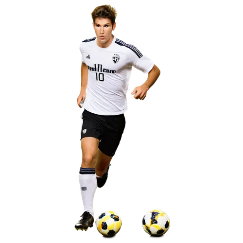 Male, athletic build, dynamic pose, soccer player, sports uniform, white jersey, black shorts, shin guards, cleats, messy short hair, focused facial expression, sweaty skin, muscular legs, intense eye