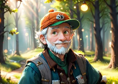 A 50 year old man, he is a forester, he is wearing an orange cap with a logo on it, his beard is greay and chesnuts colored, he is wearing forester clothes green and brown colored, he has a few rickle