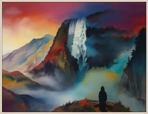 wasserfall,chasm,mountain scene,skogafoss,mountain landscape,pachamama,painting technique,landscape background,falls of the cliff,the spirit of the mountains,waterfall,brown waterfall,mists over prismatic,mountain sunrise,cascades,bridal veil fall,mountainous landscape,landscapes,mountain spirit,volcano,Illustration,Paper based,Paper Based 04