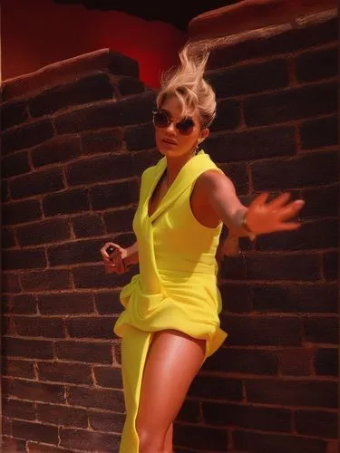 yellow jumpsuit,marylyn monroe - female,pixie-bob,fashion shoot,retro woman,annemone,bunny chow,retro eighties,retro women,1980s,queen bee,yellow,blonde woman,yellow background,golden ritriver and vor