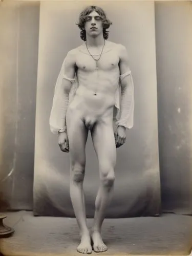 An 18-year-old boy with a naked upper body. Make the motif look like a pioneer photograph, as if it had been photographed by Félix Tournachon (Nadar) as a long exposure.,a young man in full  clothes s