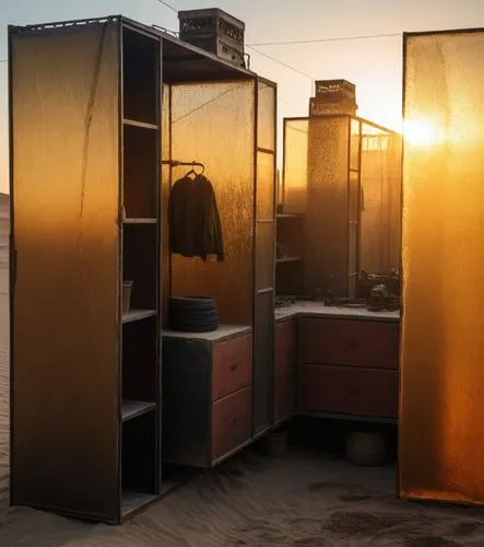 mad max style
sand in the ground 
broking glass,some open cupboards on top of sand and light behind them,cube stilt houses,furnaces,metal cabinet,ovens,3d render,kiosks,Photography,General,Natural