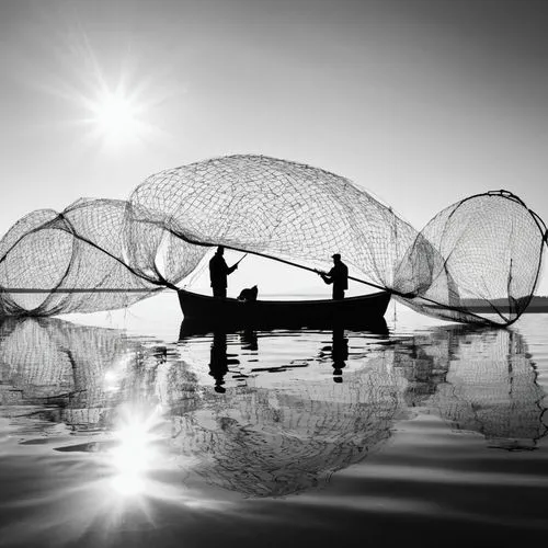 Two fisherman in a boat on large lake with nets pulling from lake. Reflection of the Sun is like fish in net to be catched. ,fishing nets,fishing net,fisherfolk,gillnets,fishermens,fishermen,driftnets