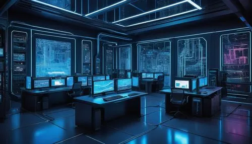 Cyberpunk futuristic cityscape, sleek skyscraper, neon lights reflecting off glass walls, intricate circuitry patterns on windows, modern security control room, rows of computer monitors displaying sy