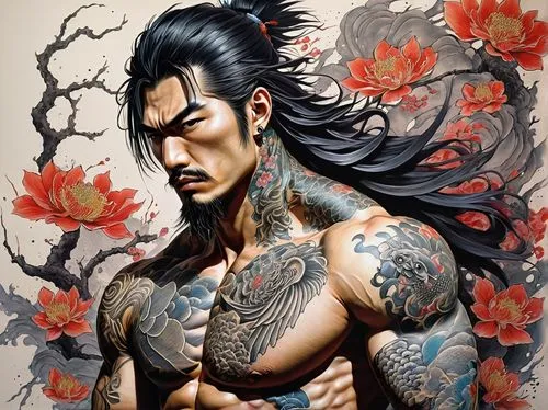 Yoshitaka Amano style, Japanese tattoo artist, muscular man, sleeveless shirt, ripped jeans, intense gaze, sharp jawline, messy black hair, bold eyebrows, full-body tattoos, vibrant colors, intricate 