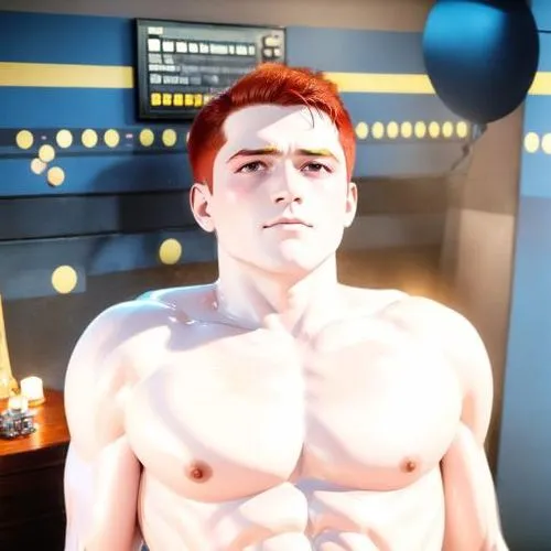 an animated man in a suit poses for a po,pec,chests,fitness room,nudelman,fitton,shirtless