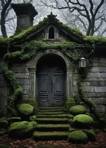 witch's house,witch house,forest chapel,moss landscape,abandoned place,abandoned house,yaddo,creepy doorway,abandoned places,springhouse,ghost castle,house in the forest,ancient house,creepy house,moss,the threshold of the house,dandelion hall,mausolea,mossy,mausoleum ruins,Photography,Black and white photography,Black and White Photography 14