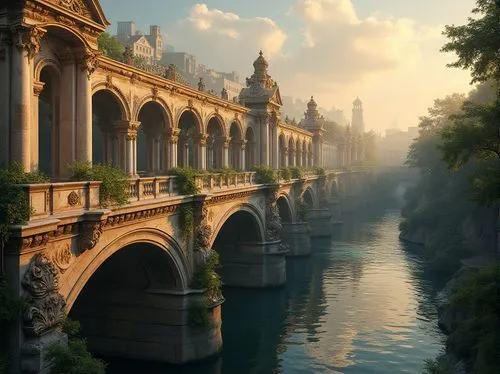 Baroque style bridge, ornate, grandiose, curved lines, golden accents, intricate carvings, marble, stone, majestic, river crossing, cityscape, sunset, warm lighting, soft mist, gentle water flow, lush