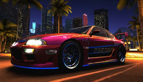 racing car, midnight club 3, psp game theme, dynamic pose, intense expression, street racing, neon lights, cityscape, high-speed action, leather jacket, gloves, helmet, sports car, detailed car textur