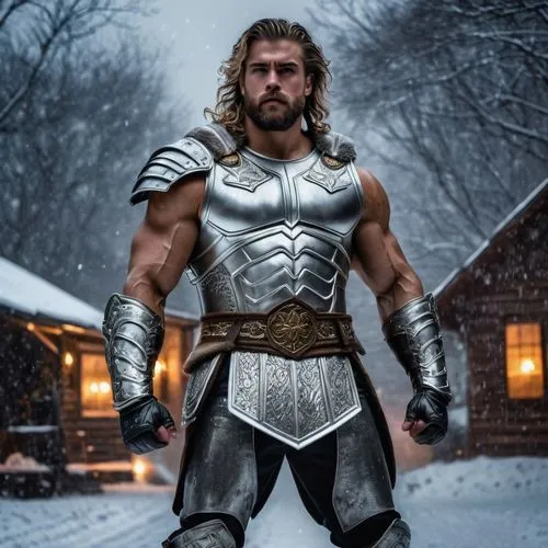 A son of Zeus as a full god, wearing silver armor pants, silver amor vest and silver armor boots, with powerful muscles, insanely handsome, in a beautiful rural town  during a snowstorm ,thorbjorn,tho