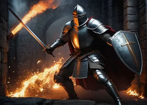 Muscular knight, armor, sword, shield, intense battle, dramatic pose, powerful legs, dynamic movement, medieval background, stone walls, torches, dark night, misty atmosphere, cinematic lighting, low-