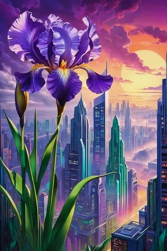 purple landscape,violet tulip,futuristic landscape,valerian,skyflower,purple irises,purple parrot tulip,cityscape,skycraper,fantasy city,tulipan violet,metropolis,tulips,purple crocus,phalaenopsis,skyscrapers,skyscraper,sky city,purple flower,iris,Illustration,Vector,Vector 18