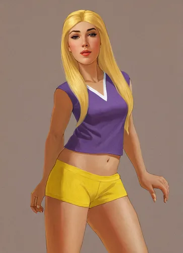 Female character - better proportions, better physics, plain-look.

Hair: long-straight (golden yellow blonde)

Clothes: "purple v-tee short-sleeves tops", "grey boyshorts - for woman, plain",female r