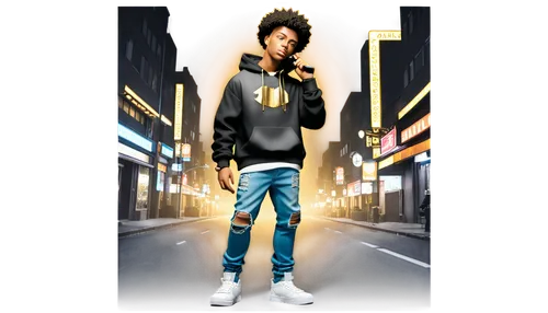 Young rapper, male, Afro hair, gold chain, black hoodie, ripped jeans, sneakers, microphone in hand, confident pose, city street at night, neon lights reflection, low-angle shot, dramatic shadows, hig