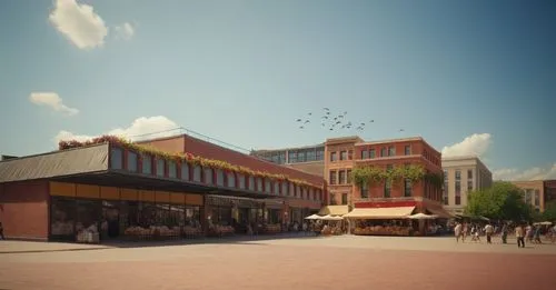 in the summer day, some birds fly away the building.there are some street vendors on the plaza,renderings,townsquare,stockyard,bricktown,3d rendering,render,unterer marktplatz,ryman,soulpepper,redevel