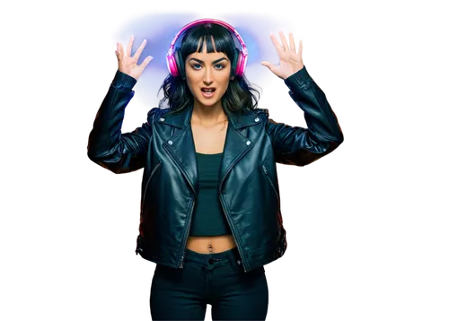 DJ, special effects, sound waves, futuristic helmet, neon lights, glowing headphones, black leather jacket, metallic accessories, energetic pose, hands up in the air, spotlight shining down, dark back