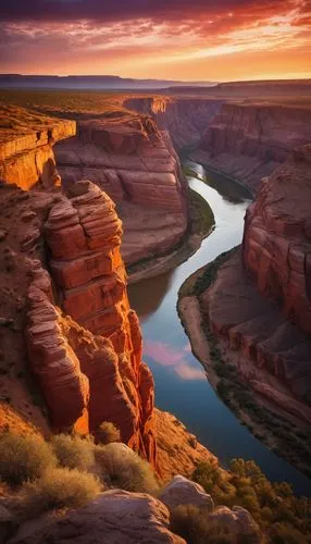 Uma majestosa imagem de um canyon ao pôr do sol, com paredes de rocha escarpadas e tons vibrantes de vermelho, laranja e roxo. No fundo, um rio sereno serpenteia através do vale, refletindo as cores d