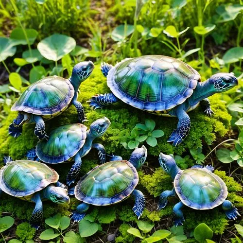 a vibrant display of nature's essence fills a frame as a group of iridescent turtles and iridescent-colored venus cubs stroll through a meadow. Their skin is smooth and pristine, with tiny brown stran