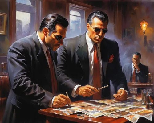 businessmen,mafia,business men,dealer,clue and white,poker set,dice poker,banker,investigator,financial advisor,business people,poker,advisors,business icons,game illustration,stock broker,boardroom,the sale,gold business,tabletop game,Conceptual Art,Oil color,Oil Color 03