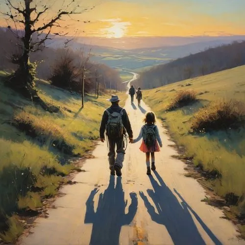 walk with the children,hikers,walking dogs,oil painting on canvas,little girls walking,travelers,girl and boy outdoor,oil painting,people walking,footpath,the evening light,pathway,walk,father with child,school children,evening light,walking,young couple,father and daughter,spring morning,Conceptual Art,Fantasy,Fantasy 10