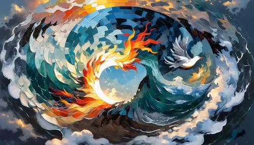 fire and water,flame spirit,nine-tailed,dragon fire,maelstrom,colorful spiral,painted dragon,dragon of earth,pillar of fire,firespin,vortex,whirlwind,burning earth,tidal wave,solomon's plume,dancing flames,fire planet,time spiral,whirlpool,burning torch,Conceptual Art,Oil color,Oil Color 10