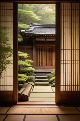 Traditional Japanese wooden temple, curved tiled roof, intricate carvings, sliding doors made of paper, tatami mats, shoji screens, natural wood grain, warm lighting, serene atmosphere, surrounded by 