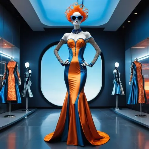 mugler,siriano,mannequins,fidm,orange,mannequin,fashion vector,a floor-length dress,gaultier,bright orange,fashion dolls,dress form,moschini,fashion doll,manikin,dress shop,couturier,artist's mannequin,display window,orangish,Photography,General,Realistic