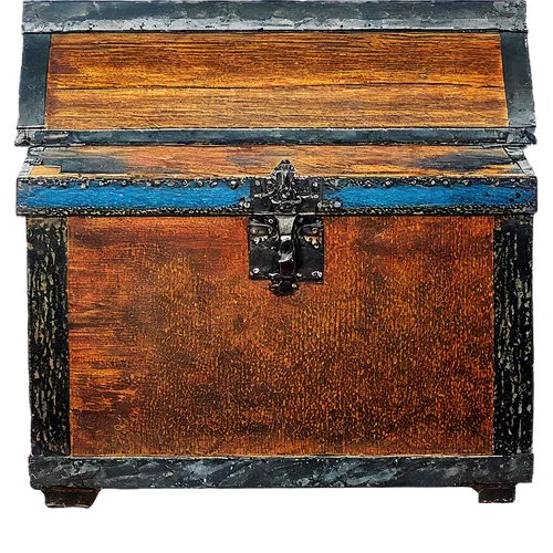 Antique treasure chest, wooden texture, rusty metal bands, intricate carvings, golden locks, ornate hinges, worn-out surface, weathered wood grain, detailed bolts, mysterious aura, warm lighting, 3/4 