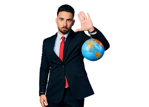 Illuminati member, mysterious, solo, (30yo), strong facial features, piercing blue eyes, short black hair, goatee beard, black suit, white shirt, red tie, gold watch, holding globe, standing, powerful