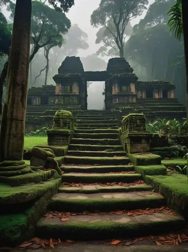 Ancient temple, Central America, monolithic structure, stone blocks, intricate carvings, jungle surroundings, vines crawling up walls, moss-covered stairs, foggy atmosphere, misty morning, warm lighti