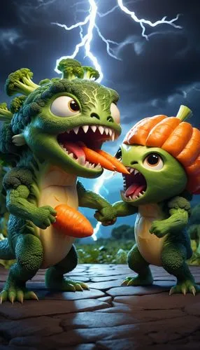 A captivating cinematic photo of an epic battle between two groups of monsters. One group consists of vegetable-themed monsters, with intricate designs using carrots, broccoli, and potatoes as their l