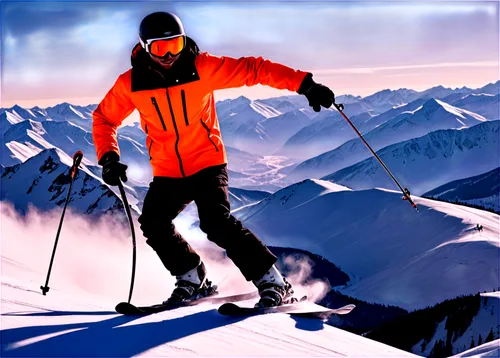 Skiing man, dynamic pose, winter sport, snow-capped mountains, goggles, helmet, orange jacket, black pants, gloves, ski boots, skis, poles, snowy terrain, action shot, high-angle view, dramatic lighti