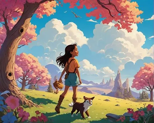 girl with dog,mowgli,travel poster,arrietty,springtime background,sakura background,mulan,japanese sakura background,konietzko,korra,beautiful wallpaper,ohana,walking in a spring,ghibli,spring background,girl with tree,marnie,world digital painting,katara,sylvania,Illustration,Vector,Vector 04