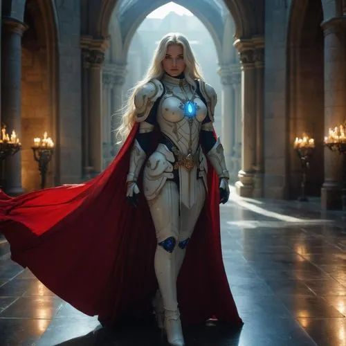 a beautiful woman in intricate futuristic white armor, adepta sorita, sister of battle, warhammer 40k, pale skin, blue glowing eyes, full body, curvy body, realistic, cinematic, red cloak, cathedral b