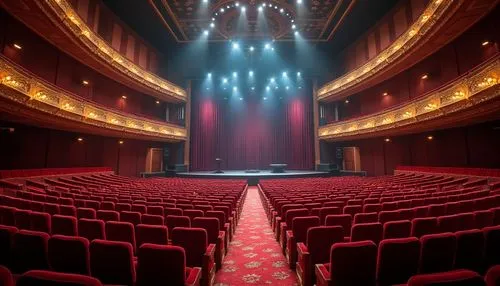 Immersive performance venue, curved seating arrangement, elevated stage, dynamic lighting system, surround sound speakers, acoustic panels, plush red velvet seats, ornate golden balconies, luxurious c