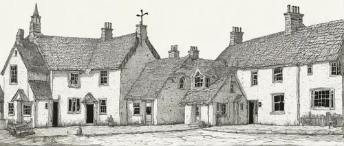 cottages,house drawing,old houses,row of houses,stone houses,townhouses,lincoln's cottage,medieval street,houses,elizabethan manor house,almshouse,town house,aberdeen,brixlegg,escher village,lovat lane,lithograph,half-timbered houses,tavern,falkland,Illustration,Paper based,Paper Based 22