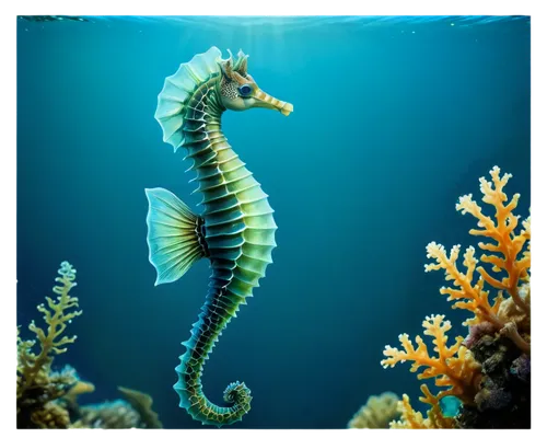 Sea horse, underwater scene, swimming, majestic pose, shimmering scales, long tail, fins up, curious expression, big eyes, vibrant blue-green color, soft coral background, warm sunlight filtering thro