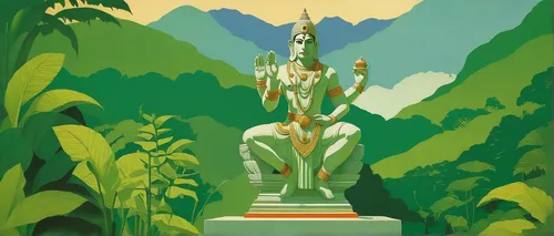 Design a serene Hanuman statue surrounded by lush green landscapes,bodhisattva,shakyamuni,vajrasattva,theravada buddhism,travel poster,buddha statue,buddhism,thai buddha,lord shiva,laser buddha mounta