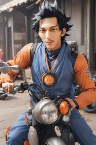 Goku with vespa,kame sennin,motorbike,saji,goku,shiva,takikomi gohan,mobike,no motorbike,male character,biker,motorcycle,shimada,motorcyclist,motorcycle racer,pompadour,son goku,ktm,rupee,puri,moped,P